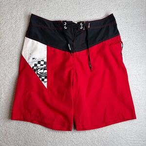 Split Mens Board Shorts Size 34 Red Black Y2K Vintage Paratrooper Swim Trunks